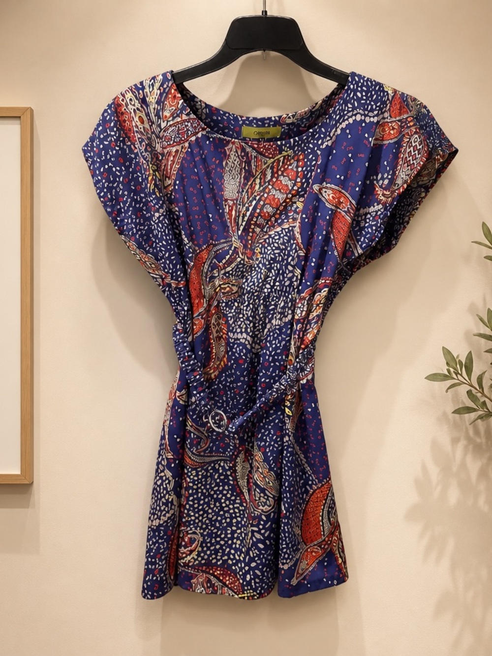 Orion London Blue Printed Top with Red and Cream Motifs